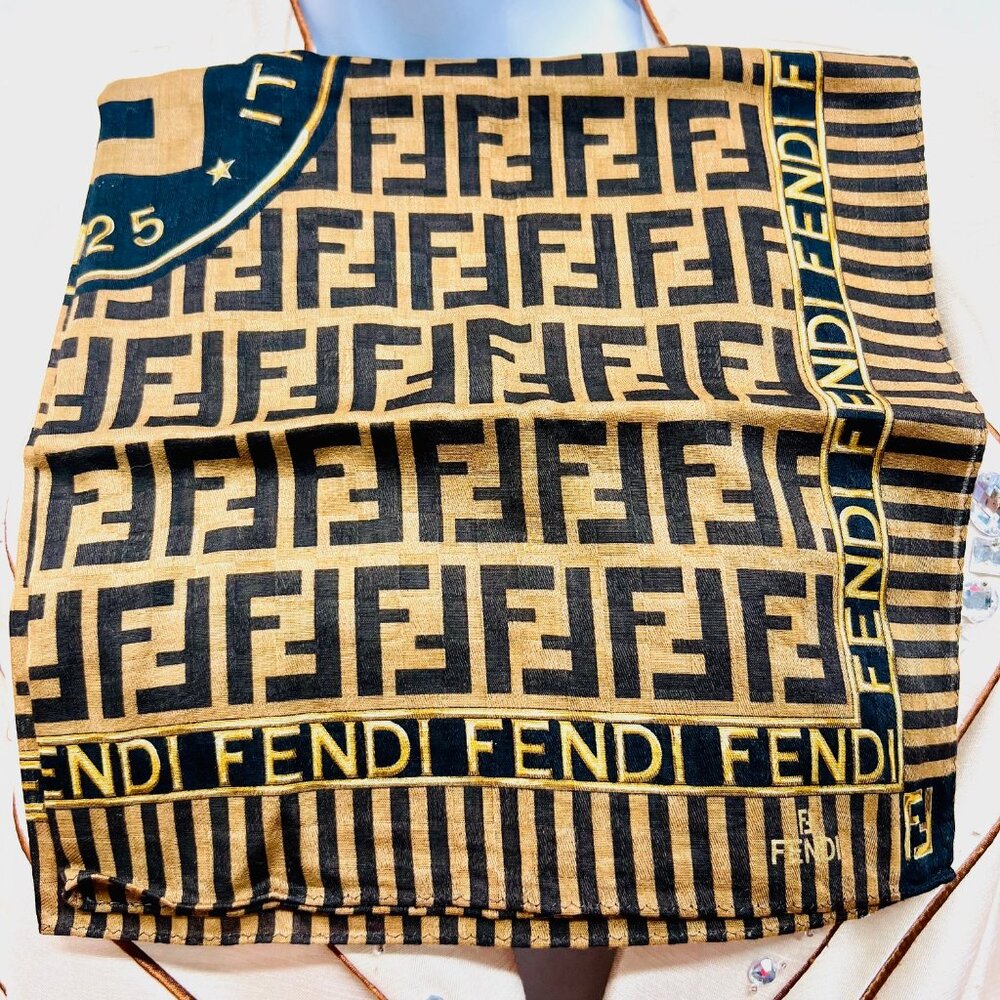FENDI Zucca mini scarf handker cotton/Silk 19"  black  Gold   Brown logo  FF(56 - Picture 3 of 6
